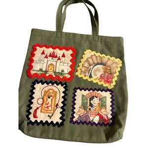 Vintage Storybook Fairy Tale Canvas Tote Bag Olive Green Rickrack Cottagecore